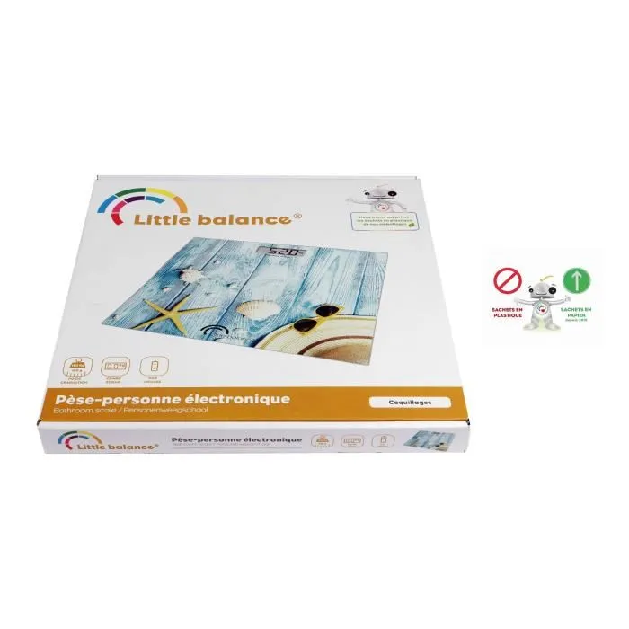 Little Balance 8334 Pèse-personne électronique design coquillages - Plateau verre 30x30 cm - Écran LCD - Capacité 180 kg Précision 100 g - Garantie 5 ans