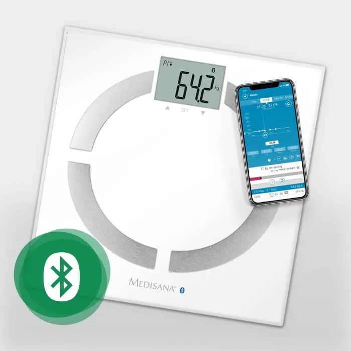 Medisana BS 444 - Balance Connectée d'Analyse Corporelle avec Mesure de Poids, Graisse, Eau, Muscle, Os, IMC et Calories - Jusqu'à 8 Utilisateurs