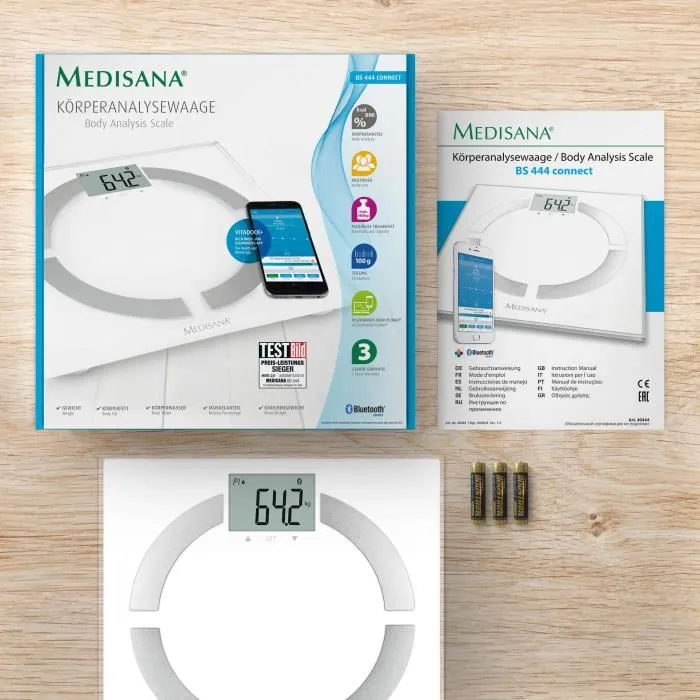 Medisana BS 444 - Balance Connectée d'Analyse Corporelle avec Mesure de Poids, Graisse, Eau, Muscle, Os, IMC et Calories - Jusqu'à 8 Utilisateurs