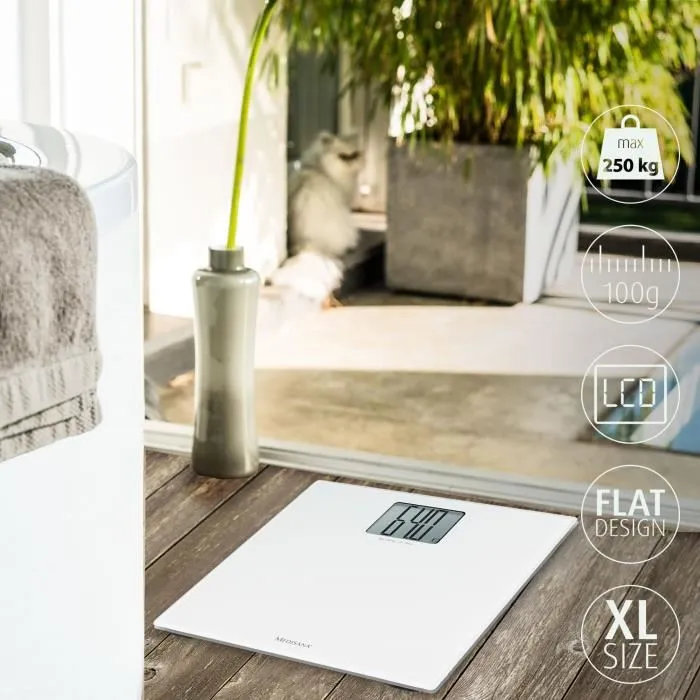 Medisana PS 470 Pèse-personne numérique XL Blanc - Capacité 250 kg - Grand écran LCD - Éteint automatiquement - Sécurité bords arrondis