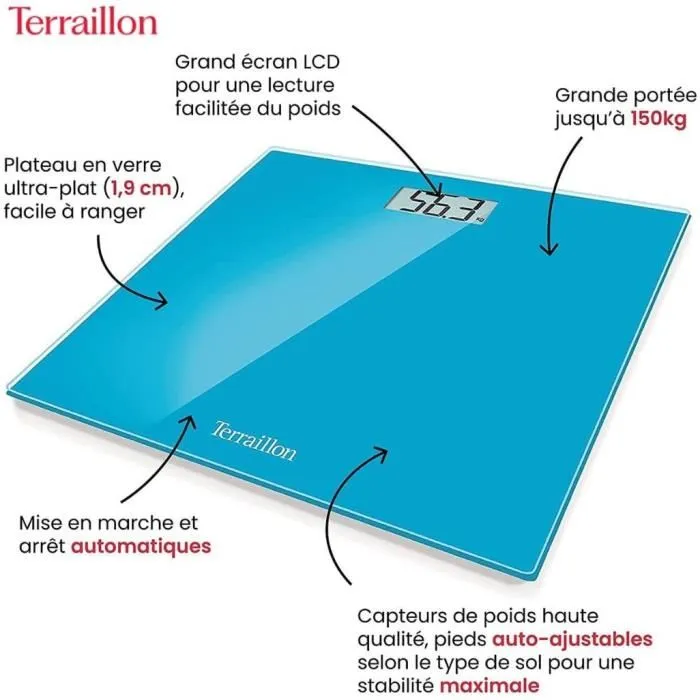Terraillon Bascule de Bain TX 1500 Bleue Électronique LCD Verre Ultraplat Jusqu'à 150 kg