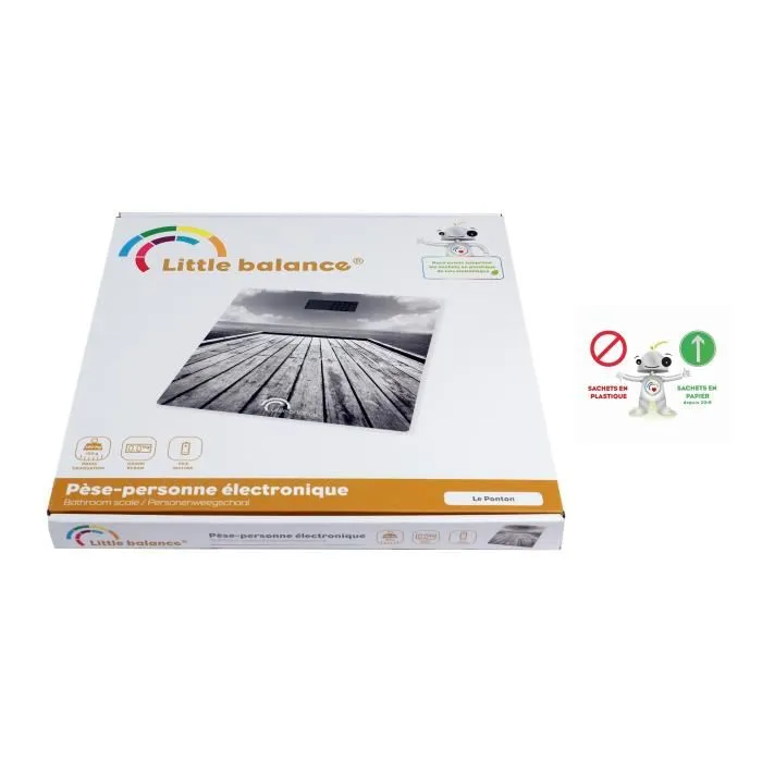 Little Balance Balance Électronique 8107 - Design Paysage Ponton par Delphine Ribeyre - Plateau Verre 300x300 mm - Capacité 180 kg / Précision 100 g - LCD - Piles Incluses