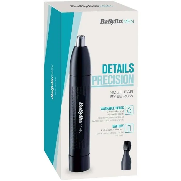 BaByliss Tondeuse Nez Oreilles Sourcils E652E sans fil - Lame acier inoxydable amovible et lavable - Pour sourcils, nez, oreilles