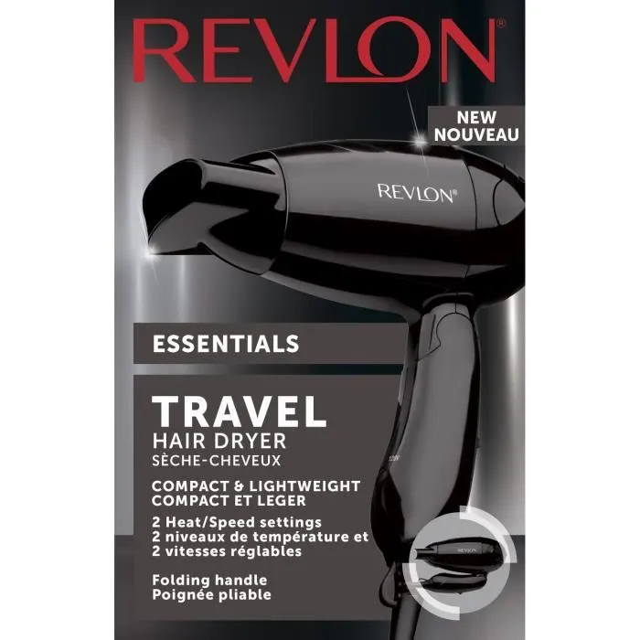 Revlon REV-007 Sèche-cheveux de voyage, 1200 W, 2 vitesses, 2 températures, poignée pliable, bi-tension, embout détachable