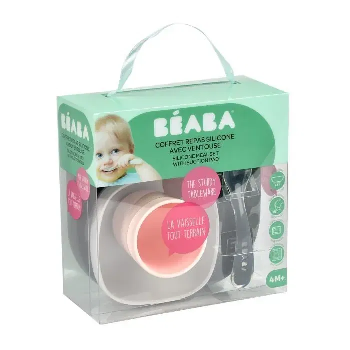 Beaba Coffret Repas en Silicone Night Blue - Assiette, Bol, Verre et Cuillère avec Ventouse pour Bébé dès 4 mois