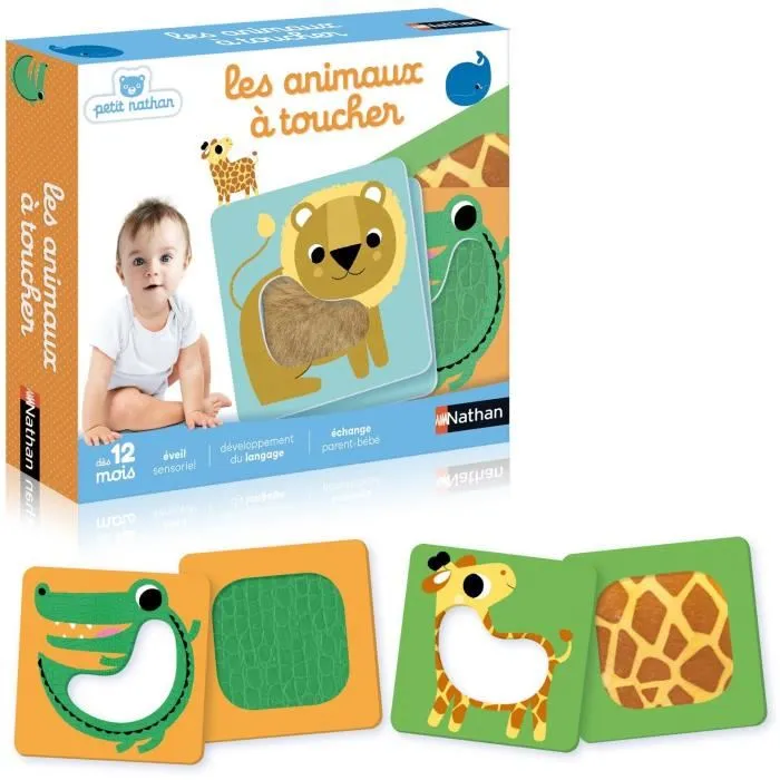 Nathan - Jeux Société 31443 Animaux à Toucher - Jeu d'Éveil Multisensoriel pour Bébé - Découverte des Animaux par le Toucher