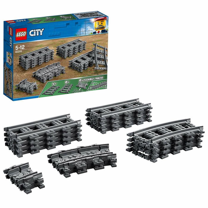LEGO City 60238 Set de voies de train, avec aiguillages droite et gauche, compatible avec tous les ensembles LEGO City