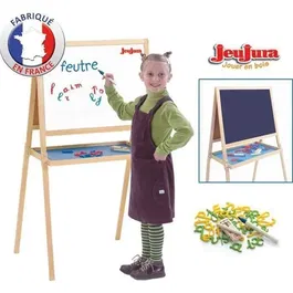 Jeujura Tableau Créatif Double Face en Bois 105 cm avec Ardoise Craie et Blanche Magnétique, Feutres, Craies et Lettres Aimantées - Plateau de Rangement - Dès 3 ans