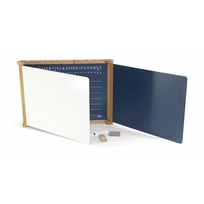 Jeujura - Tableau Triptyque en Bois pour Enfants, Ardoise et Supports Feutre Effaçable à Sec, teinté chêne, 59 x 46 cm