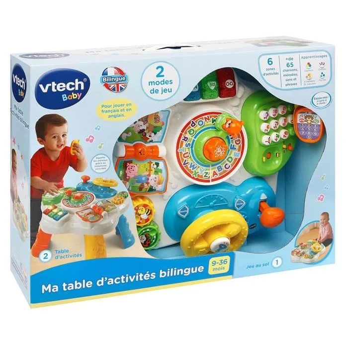 VTECH Table d'activités bilingue 2 en 1 - Tableau d'éveil pour bébé avec alphabet, chiffres et animaux - Multicolore - Pour enfants de 9 mois et plus
