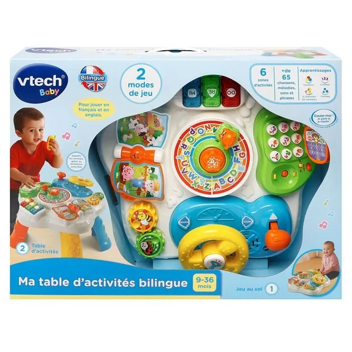 VTECH Table d'activités bilingue 2 en 1 - Tableau d'éveil pour bébé avec alphabet, chiffres et animaux - Multicolore - Pour enfants de 9 mois et plus