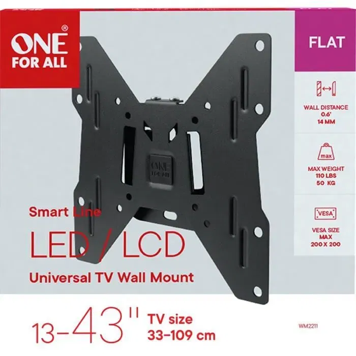 One For All WM2211 Support mural TV fixe pour écran 33 à 109 cm (13-43"), max 50 kg, compatible VESA 75x75/100x100/200x100/200x200, 14 mm d'épaisseur, garantie 10 ans