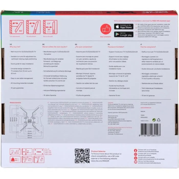 One For All Support Mural WM2241 avec Réglage Inclinaison 15° et Rotation 90° pour Téléviseurs LED/LCD 13" à 43" (33-109 cm), Poids Max 30 kg