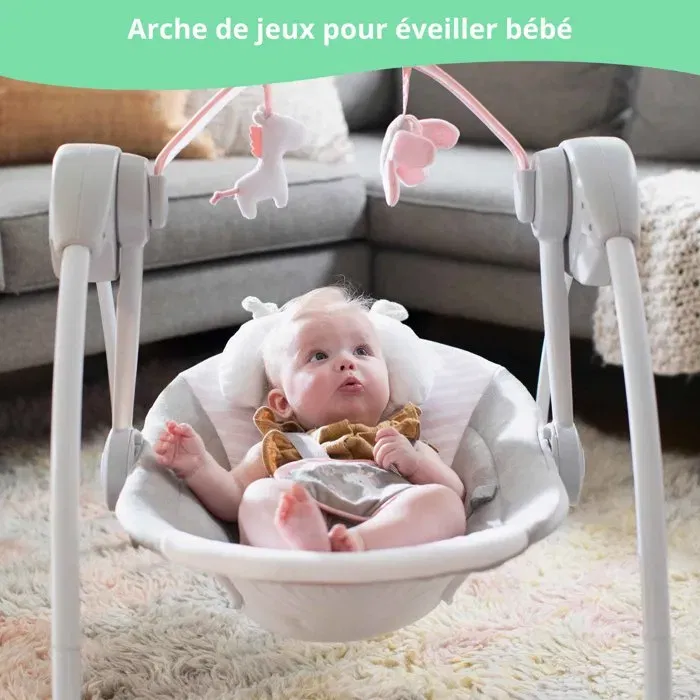 Ingenuity - Balancelle bébé électrique pliable, réglable avec minuterie et arche de jouets - Motif Flora, pour 0 à 9 mois