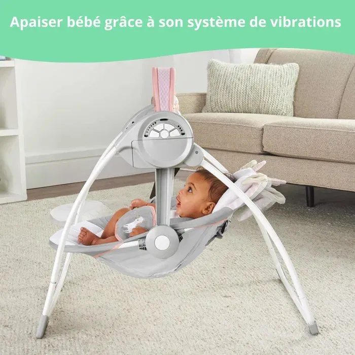 Ingenuity - Balancelle bébé électrique pliable, réglable avec minuterie et arche de jouets - Motif Flora, pour 0 à 9 mois