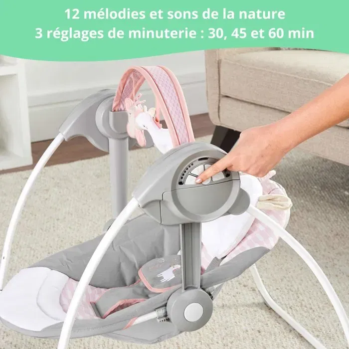 Ingenuity - Balancelle bébé électrique pliable, réglable avec minuterie et arche de jouets - Motif Flora, pour 0 à 9 mois