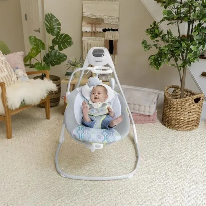 Ingenuity SimpleComfort Everston - Balancelle-Transat Électrique pivotante 180° pour bébé, 6 vitesses, siège profond, harnais 5 points et tête rembourrée