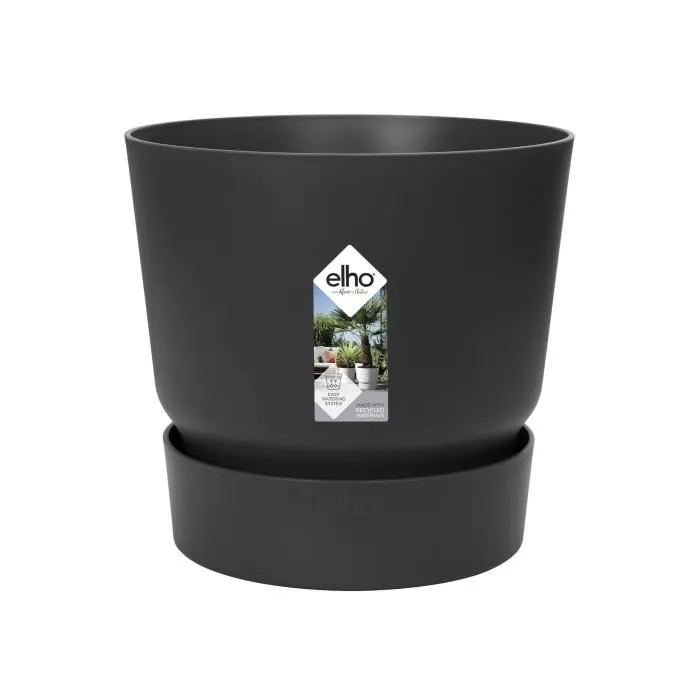 ELHO Pot de fleurs rond extérieur Greenville 25, diamètre 24.48 x hauteur 23.31 cm, couleur noir, plastique recyclé résistant au gel avec réservoir d'eau intégré