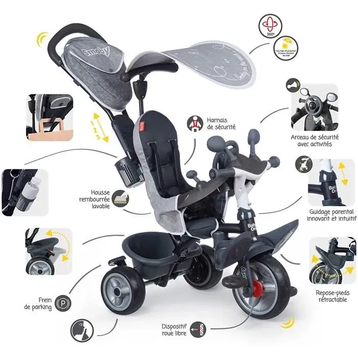 Smoby Tricycle évolutif Baby Driver Plus pour enfant - Structure métal - Gris