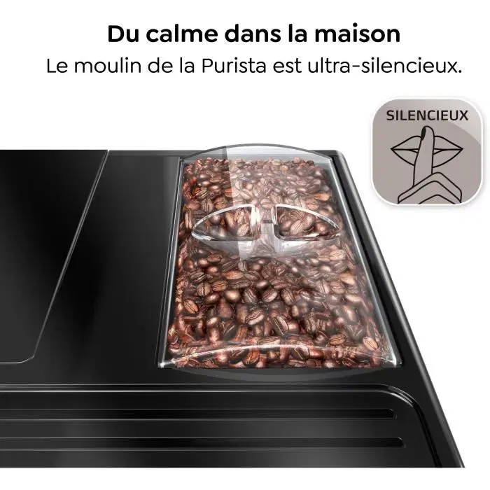 Melitta Purista - Machine à café à grains automatique avec broyeur, compacte (20 cm), intensité, température et mouture réglables, 2 tasses simultanées, argent