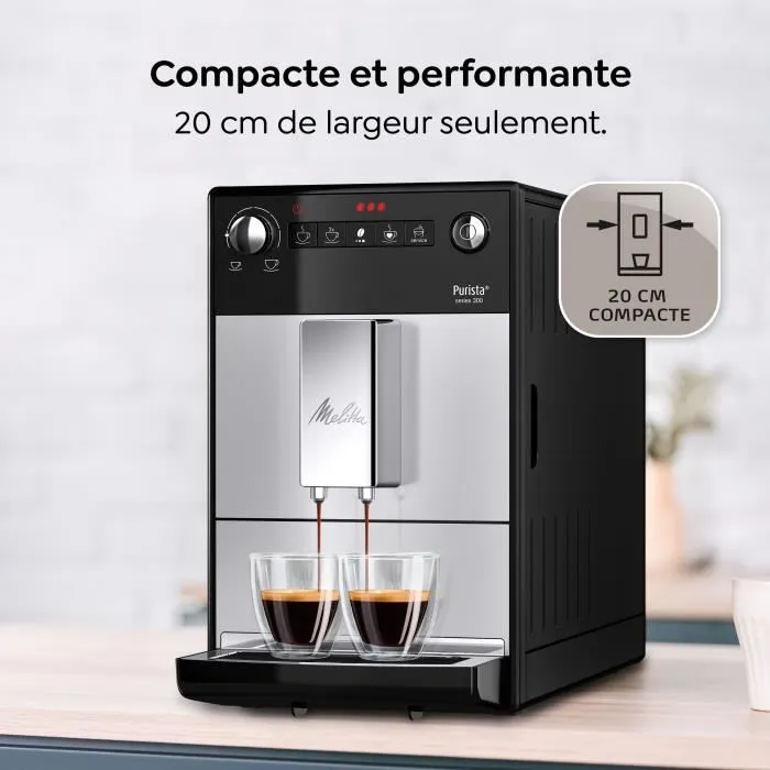 Melitta Purista - Machine à café à grains automatique avec broyeur, compacte (20 cm), intensité, température et mouture réglables, 2 tasses simultanées, argent