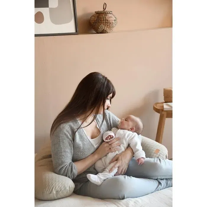 BEABA Big Flopsy - Coussin de grossesse et d'allaitement pour sommeil et détente - Modèle Fleur de coton - Longueur 180 cm - Housse en lin déhoussable