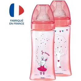 Dodie Biberon Initiation+ Anti-Coliques 330ml Lot de 2, Rose Danseuse, Tétine Rond 3 Vitesses pour Bébé +6 Mois