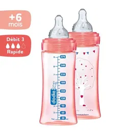 Dodie Biberon Initiation+ Anti-Coliques 330ml Lot de 2, Rose Danseuse, Tétine Rond 3 Vitesses pour Bébé +6 Mois