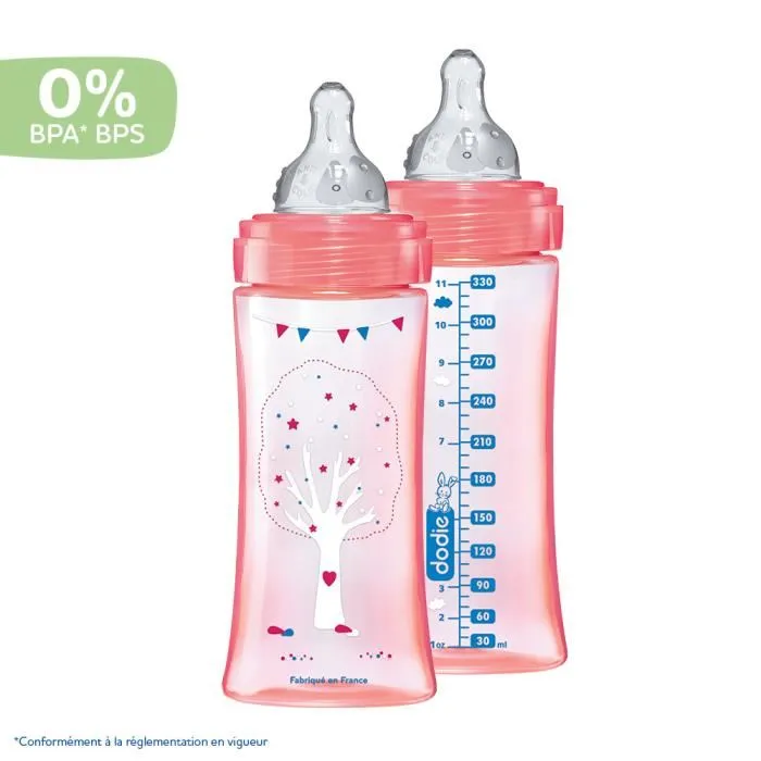 Dodie Biberon Initiation+ Anti-Coliques 330ml Lot de 2, Rose Danseuse, Tétine Rond 3 Vitesses pour Bébé +6 Mois