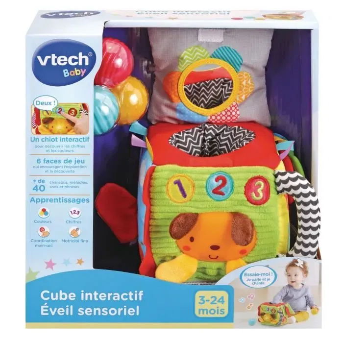 VTECH BABY Cube d'éveil sensoriel interactif en tissu doux - Jouet éducatif avec 6 faces tactiles - Pour bébé de 3 à 24 mois - Jouet d'éveil