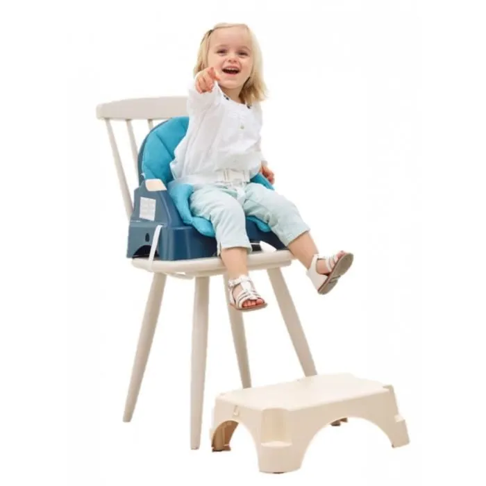 Oketi Poketi Rehausseur de chaise 3 en 1 Wooded bleu - avec tablette amovible, marche-pied et transformable en fauteuil pour enfant