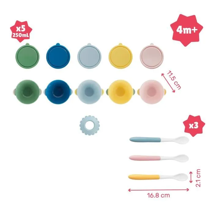 Badabulle Set de 5 bols antidérapants 330ml avec 3 cuillères souples pour bébé, sans BPA