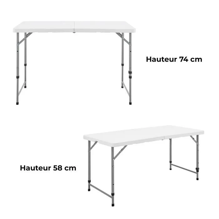 Terranova - Table de réception pliante - Blanche - Structure acier et Plateau PEHD - 122x60.5xH74 cm - 4 personnes - 2 hauteurs réglables