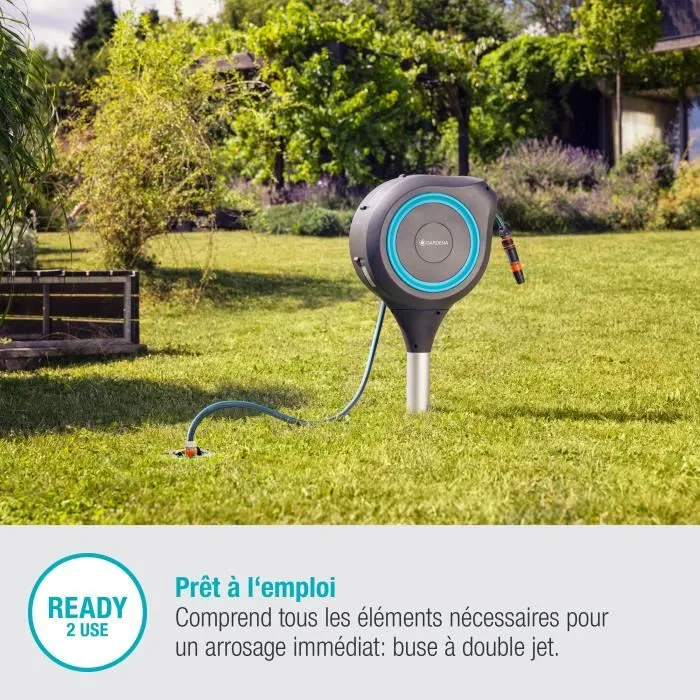 Gardena Dévidoir automatique sur pic RollUp S 15 m avec enroulement automatique, anti-vrille et lance - Pour petit jardin et terrasse