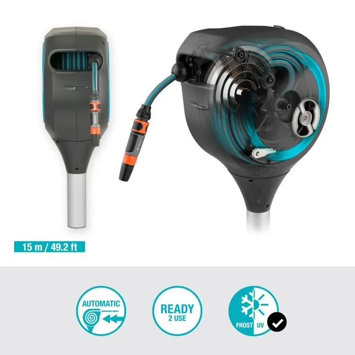 Gardena Dévidoir automatique sur pic RollUp S 15 m avec enroulement automatique, anti-vrille et lance - Pour petit jardin et terrasse