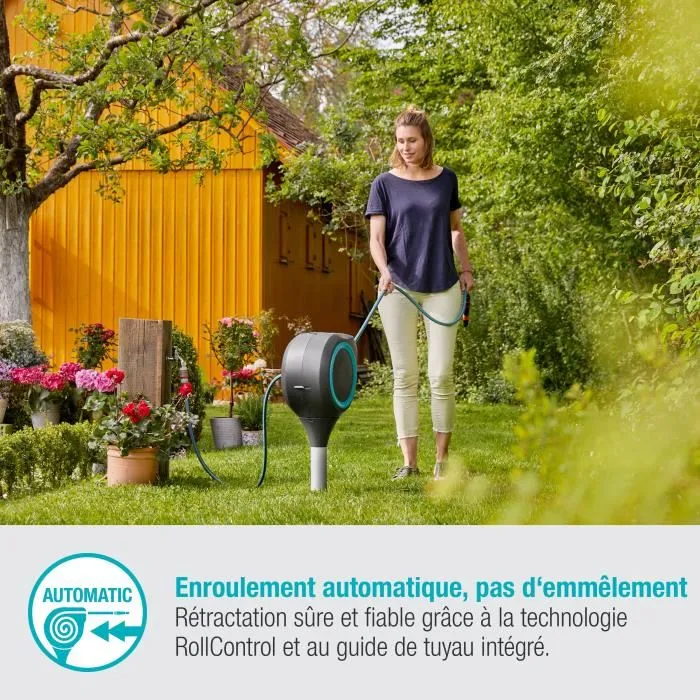 Gardena Dévidoir automatique sur pic RollUp S 15 m avec enroulement automatique, anti-vrille et lance - Pour petit jardin et terrasse