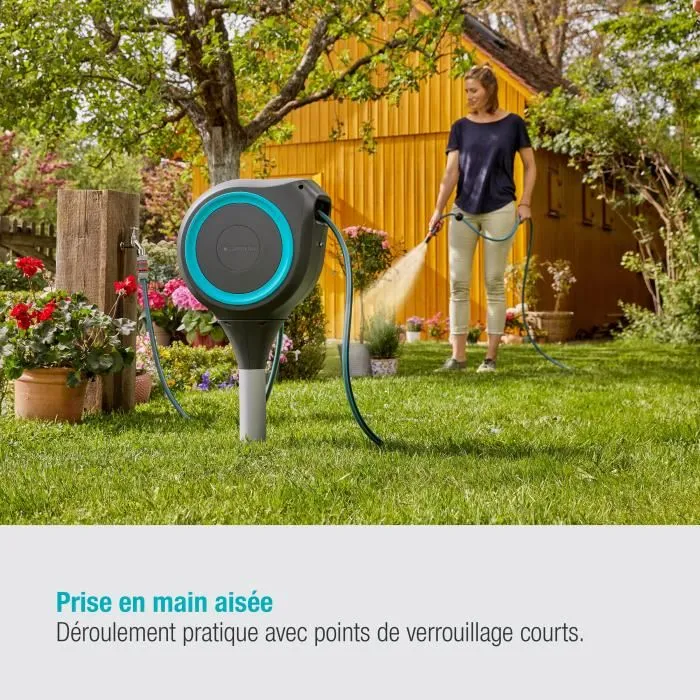 Gardena Dévidoir automatique sur pic RollUp S 15 m avec enroulement automatique, anti-vrille et lance - Pour petit jardin et terrasse