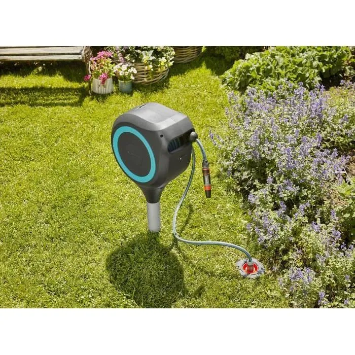 Gardena Dévidoir automatique sur pic RollUp S 15 m avec enroulement automatique, anti-vrille et lance - Pour petit jardin et terrasse