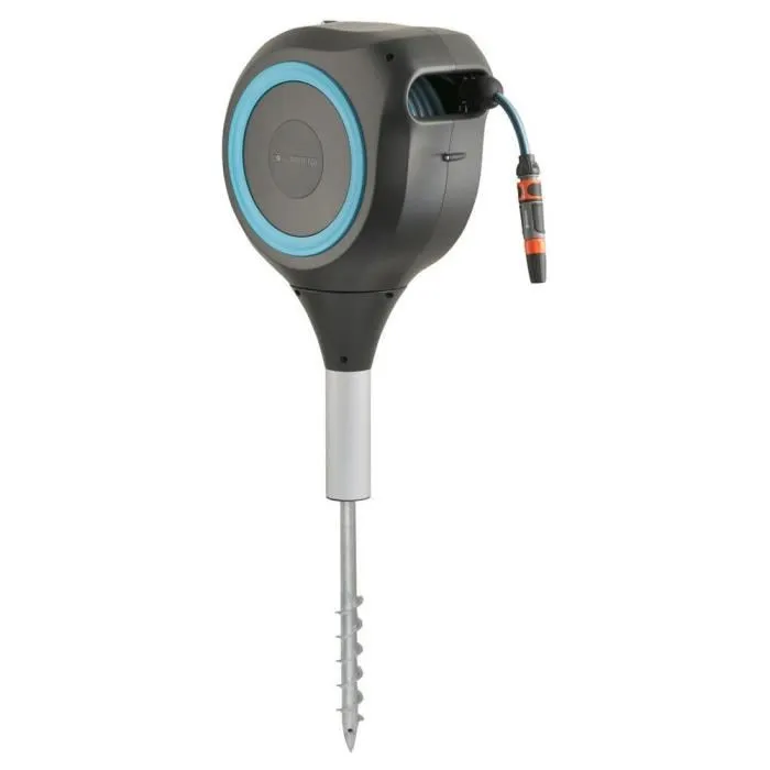 Gardena RollUp M - Dévidoir automatique de tuyau d'arrosage sur pic, 20 mètres de longueur, diamètre 11 mm, kit complet, couleur bleu