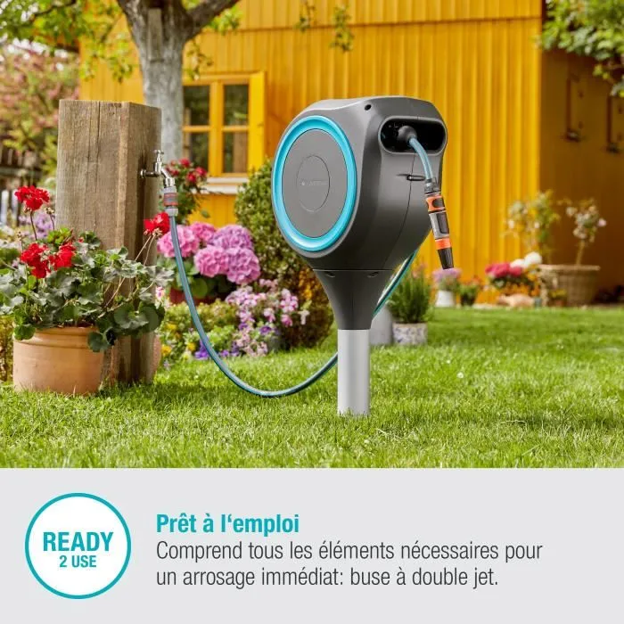 Gardena RollUp M - Dévidoir automatique de tuyau d'arrosage sur pic, 20 mètres de longueur, diamètre 11 mm, kit complet, couleur bleu
