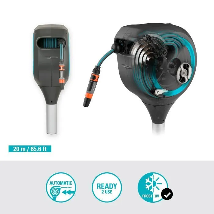 Gardena RollUp M - Dévidoir automatique de tuyau d'arrosage sur pic, 20 mètres de longueur, diamètre 11 mm, kit complet, couleur bleu