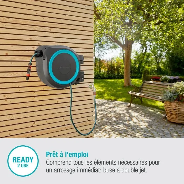 Gardena RollUp L Dévidoir automatique mural pour jardin et terrasse, tuyau 30m x 13mm, kit complet, système anti-nœud, résistant aux UV, garantie 5 ans