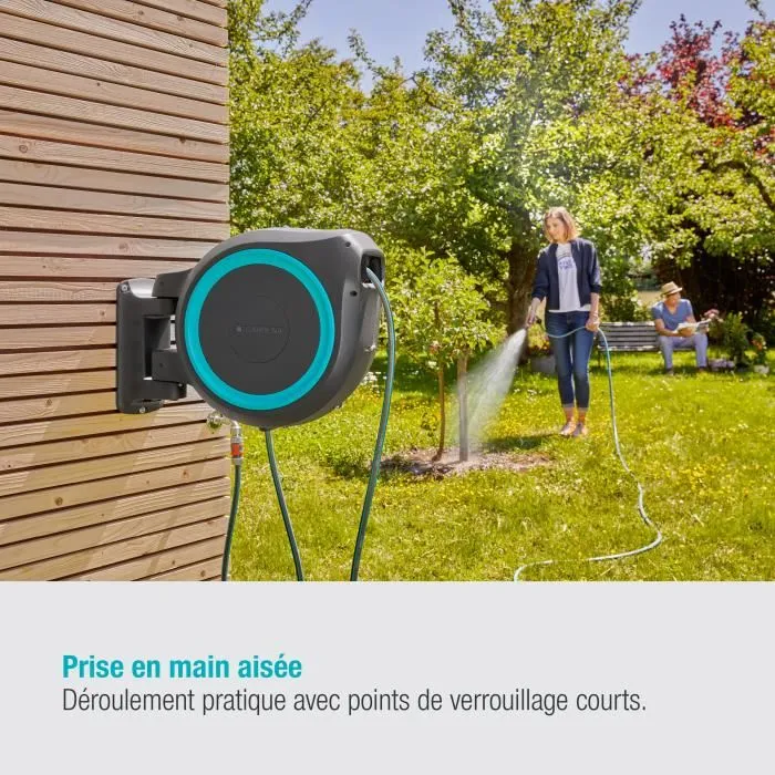 Gardena RollUp L Dévidoir automatique mural pour jardin et terrasse, tuyau 30m x 13mm, kit complet, système anti-nœud, résistant aux UV, garantie 5 ans