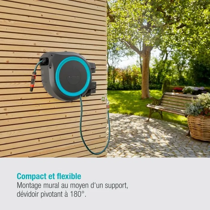 Gardena RollUp L Dévidoir automatique mural pour jardin et terrasse, tuyau 30m x 13mm, kit complet, système anti-nœud, résistant aux UV, garantie 5 ans