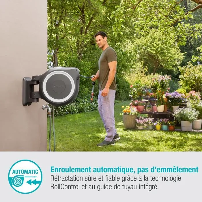 Gardena RollUp L Dévidoir automatique mural avec système anti-nœud - Longueur 30 m, diamètre 13 mm - Haute qualité résistant au gel/UV - Garantie 5 ans Gardena RollUp L Dévidoir automatique mural avec système anti-nœud - Longueur 30 m, diamètre 13 mm - Haute qualité résistant au gel/UV - Garantie 5 ans