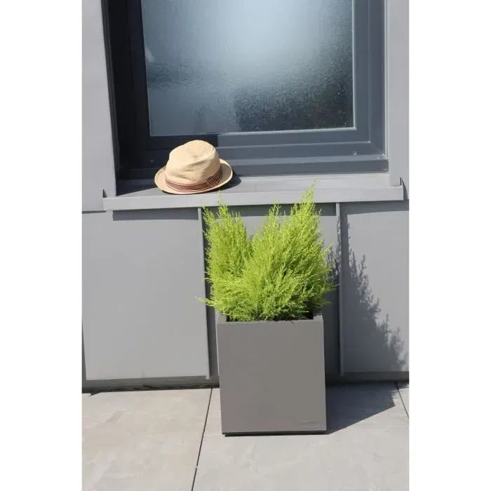 Riviera Bac à Fleurs Carré avec Réserve d'Eau, Granit Gris 39.5x39.5x44.5 cm 38 L, Double Parois, Plastique Recyclable