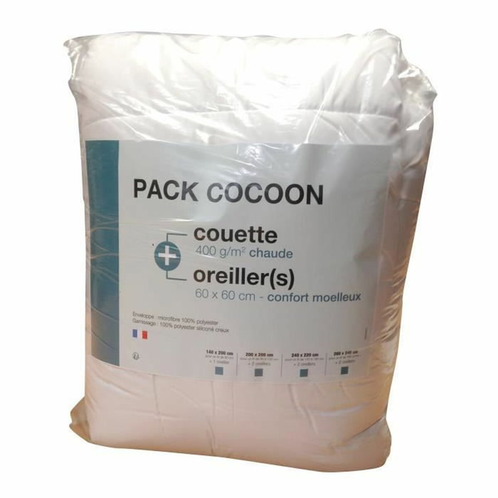 Cocoon Pack linge de lit Microfibre - 1 Couette chaude 200x200 cm et 2 Oreillers 60x60 cm blanc