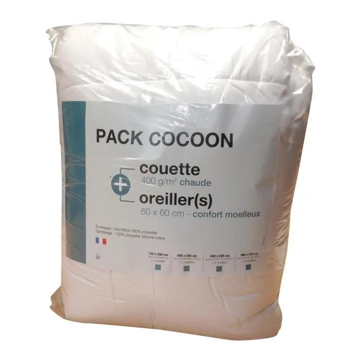 Cocoon Pack Linge de Lit en Microfibre - 1 Couette Chaude 200x200 cm et 2 Oreillers 60x60 cm, Blanc, Fabrication Française Cocoon Pack Linge de Lit en Microfibre - 1 Couette Chaude 200x200 cm et 2 Oreillers 60x60 cm, Blanc, Fabrication Française