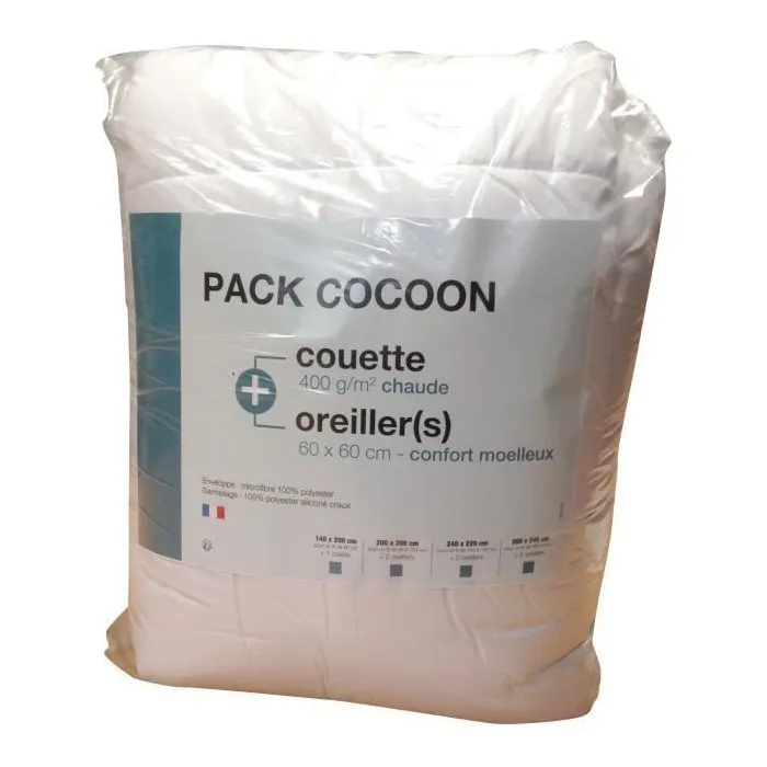 Cocoon Pack Linge de Lit en Microfibre - 1 Couette Chaude 200x200 cm et 2 Oreillers 60x60 cm, Blanc, Fabrication Française Cocoon Pack Linge de Lit en Microfibre - 1 Couette Chaude 200x200 cm et 2 Oreillers 60x60 cm, Blanc, Fabrication Française