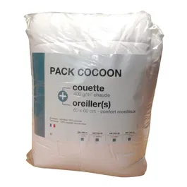 Cocoon Pack Linge de Lit en Microfibre - 1 Couette Chaude 200x200 cm et 2 Oreillers 60x60 cm, Blanc, Fabrication Française
